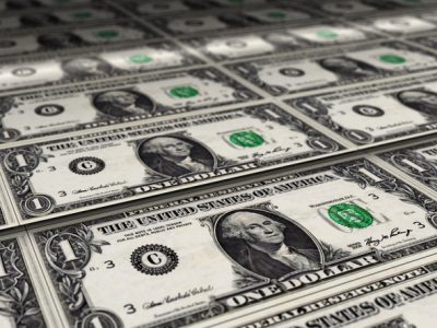 Dollar sheet of money print 3d illustration. USD banknotes printing background concept of finance, economy crisis, inflation and business in USA.